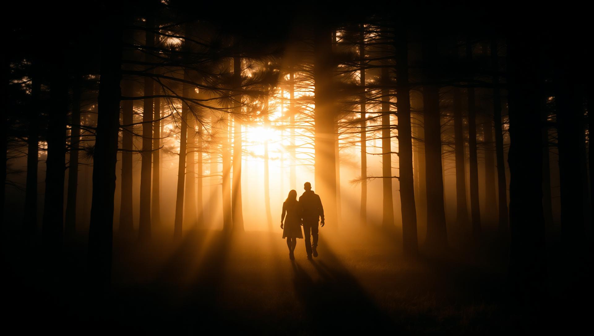Cinematic couple walking through a misty pine forest at sunrise