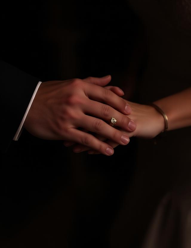 Bride and groom hands with ring